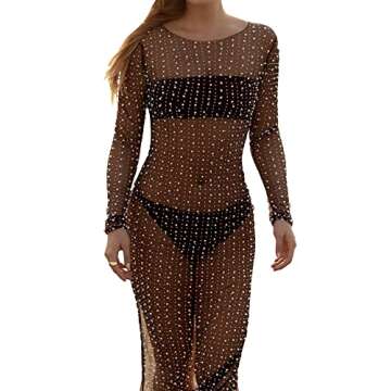 Women's Pearl Rhinestone Cover Up Dress See Through Sheer Long Maxi Dresses Beach Swimwear Bikini Cover Ups (Black, M) …