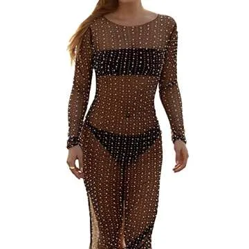 Women's Pearl Rhinestone Cover Up Dress See Through Sheer Long Maxi Dresses Beach Swimwear Bikini Cover Ups (Black, M) …