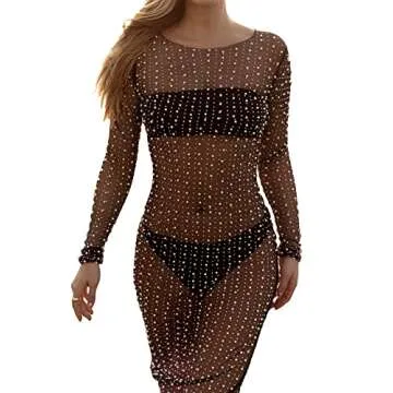 Women's Pearl Rhinestone Cover Up Dress See Through Sheer Long Maxi Dresses Beach Swimwear Bikini Cover Ups (Black, M) …