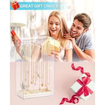 Necklace Holder, Acrylic Necklace Organizer, Rotatable Clear Jewelry Holder Organizer Display Case for Long Necklaces Pendant Bracelets, Jewelry Holder Box with Velvet Tray for Rings Earrings