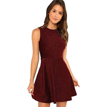 DIDK Women's Sleeveless A Line Flared Swing Glitter Above Knee Length Party Skater Dress Red Medium