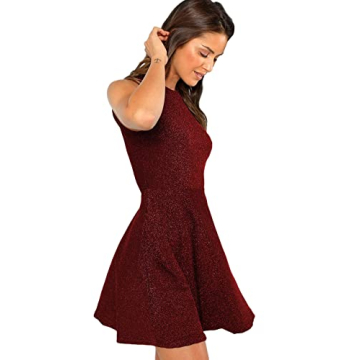 DIDK Women's Stylish Sleeveless Glitter Skater Dress Red