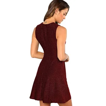 DIDK Women's Stylish Sleeveless Glitter Skater Dress Red