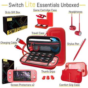 Orzly Switch Lite Accessories Bundle - Case & Screen Protector for Nintendo Switch Lite Console, USB Cable, Games Holder, Comfort Grip Case, Headphones, Thumb-Grip Pack & More - Red