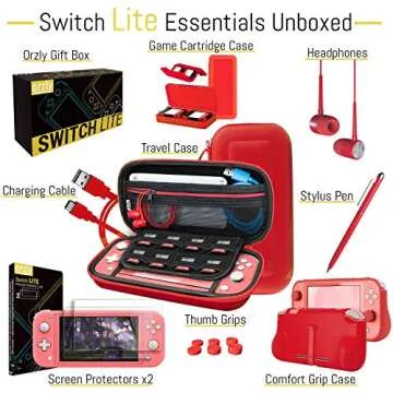 Orzly Switch Lite Accessories Bundle - Case & Screen Protector for Nintendo Switch Lite Console, USB Cable, Games Holder, Comfort Grip Case, Headphones, Thumb-Grip Pack & More - Red