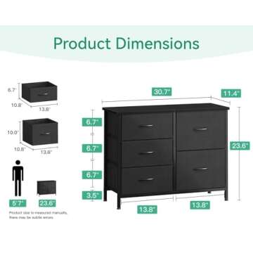 AODK Dresser for Bedroom Dresser TV Stand with 5 Storage Drawers, Small Fabric Dresser Chest of Drawers for Closet Organizer Clothes, Black