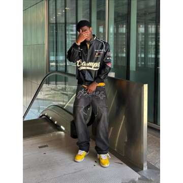 Vamtac Faux Leather Motocross Jackets Oversized Vintage Racing Varsity Bomber Coat Unisex Trendy Streetwear Black Small