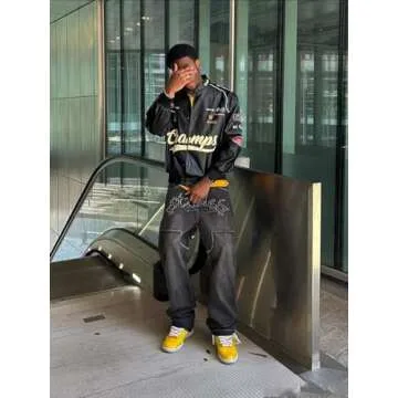 Vamtac Faux Leather Motocross Jackets Oversized Vintage Racing Varsity Bomber Coat Unisex Trendy Streetwear Black Small