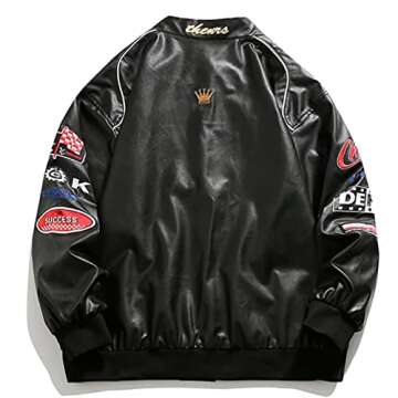 Vamtac Faux Leather Motocross Jackets Oversized Vintage Racing Varsity Bomber Coat Unisex Trendy Streetwear Black Small