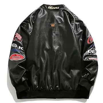 Vamtac Faux Leather Motocross Jackets Oversized Vintage Racing Varsity Bomber Coat Unisex Trendy Streetwear Black Small