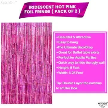 KatchOn, Iridescent Hot Pink Backdrop Curtain - 3.2x8 Feet, Pack of 2 | Hot Pink Fringe Backdrop for Galentines Day Decorations, Valentines Decorations | Hot Pink Streamers for Pink Party Decorations