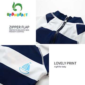 upandfast Baby/Toddler One Piece Zip Sunsuits with Sun Hat UPF 50+ Sun Protection Infant Beach Swimsuit (Stripe(LS), 3-6 Months)