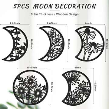 Jetec 5 Pieces Moon Phase Wall Decor Boho Hanging Moon Phase Nordic Wood Wall Art for Living Room Be...