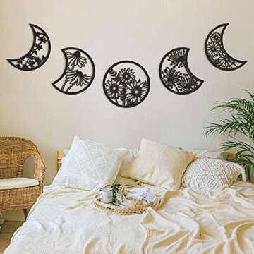 Jetec 5 Pieces Moon Phase Wall Decor Boho Hanging Moon Phase Nordic Wood Wall Art for Living Room Bedroom Home Decoration Room Apartment Bar Ornament(Black)