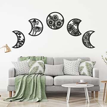 Jetec 5 Pieces Moon Phase Wall Decor Boho Hanging Moon Phase Nordic Wood Wall Art for Living Room Bedroom Home Decoration Room Apartment Bar Ornament(Black)