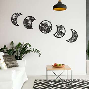 Jetec 5 Pieces Moon Phase Wall Decor Boho Hanging Moon Phase Nordic Wood Wall Art for Living Room Bedroom Home Decoration Room Apartment Bar Ornament(Black)