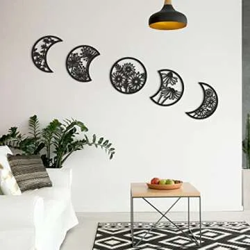 Jetec 5 Pieces Moon Phase Wall Decor Boho Hanging Moon Phase Nordic Wood Wall Art for Living Room Bedroom Home Decoration Room Apartment Bar Ornament(Black)