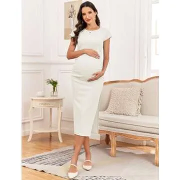 AISWI 2025 Spring Summer Women's Split Maternity Dress Short Sleeve Ruched Pregnancy Clothes Fine Ribbed Baby Shower Dresses, 1, Off White, Medium