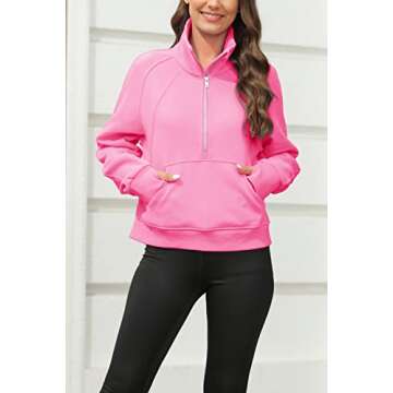 Womens Sweatshirts Half Zipper Crop Pullover Funnel Neck Fleece Lined Zip Up Long Sleeve Tops Thumb Hole Pink