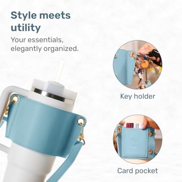 Tumbler Tote Stylish, Blue Fits 30 & 40oz Stanley Tumbler Holder with Strap, Lip Balm Holder, Key Ring Attachment, Credit Card Holder, Durable Fabric, Hydro Carrier with Storage Pouch