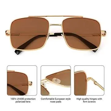 TIJN Aviator Sunglasses for Women Men UV400 Protection Oversized Square Sun Glasses Retro 70s Vintage Shades Trendy(Brown)