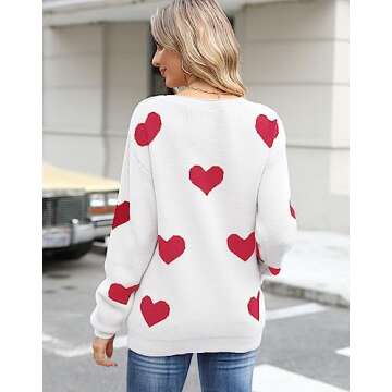 Drvitor Women’s Pullover Sweaters Long Sleeve Crewneck Casual Pullover Cute Heart Pattern Knitted Sweater (White&Red,Medium)