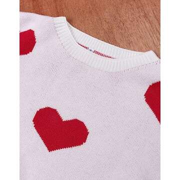 Drvitor Women’s Pullover Sweaters Long Sleeve Crewneck Casual Pullover Cute Heart Pattern Knitted Sweater (White&Red,Medium)