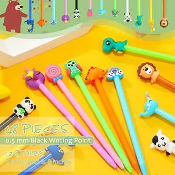 Containlol 48 Pieces Cartoon Cute Fun Pens for Kids Back to School Cool Black Gel ink Pens Bulk First Day of School Easter Day Gifts Supplies, 12 Styles(Cute Animals)