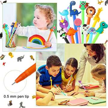 Containlol 48 Pieces Cartoon Cute Fun Pens for Kids Back to School Cool Black Gel ink Pens Bulk First Day of School Easter Day Gifts Supplies, 12 Styles(Cute Animals)
