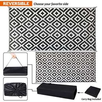 SAND MINE Waterproof Outdoor Rug 9x18 ft, Plastic Straw Rug, Modern Area Rug, Large Floor Mat, RV, Patio, Backyard, Deck, Picnic, Beach, Trailer, Camping (9' x 18', Black & White Lattice)