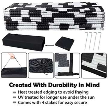 SAND MINE Waterproof Outdoor Rug 9x18 ft, Plastic Straw Rug, Modern Area Rug, Large Floor Mat, RV, Patio, Backyard, Deck, Picnic, Beach, Trailer, Camping (9' x 18', Black & White Lattice)