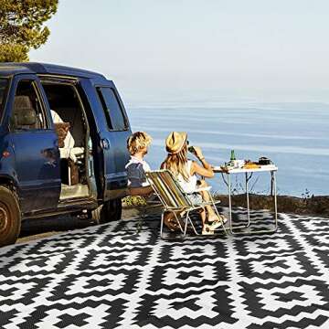 SAND MINE Waterproof Outdoor Rug 9x18 ft, Plastic Straw Rug, Modern Area Rug, Large Floor Mat, RV, Patio, Backyard, Deck, Picnic, Beach, Trailer, Camping (9' x 18', Black & White Lattice)