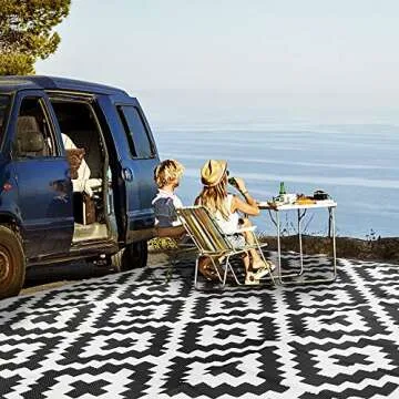 SAND MINE Waterproof Outdoor Rug 9x18 ft, Plastic Straw Rug, Modern Area Rug, Large Floor Mat, RV, Patio, Backyard, Deck, Picnic, Beach, Trailer, Camping (9' x 18', Black & White Lattice)