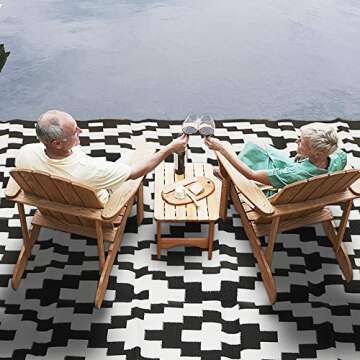 SAND MINE Waterproof Outdoor Rug 9x18 ft, Plastic Straw Rug, Modern Area Rug, Large Floor Mat, RV, Patio, Backyard, Deck, Picnic, Beach, Trailer, Camping (9' x 18', Black & White Lattice)