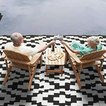 SAND MINE Waterproof Outdoor Rug 9x18 ft, Plastic Straw Rug, Modern Area Rug, Large Floor Mat, RV, Patio, Backyard, Deck, Picnic, Beach, Trailer, Camping (9' x 18', Black & White Lattice)