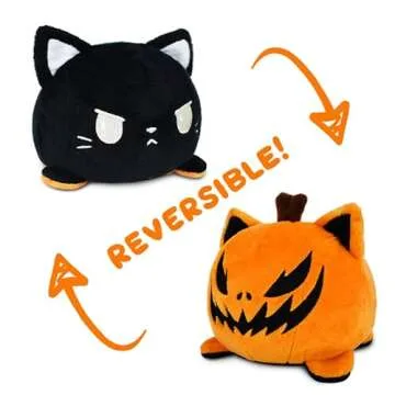 TeeTurtle - The Original Reversible Cat Plushie - Black + Pumpkin - Cute Sensory Fidget Stuffed Animals That Show Your Mood - Perfect for Halloween!