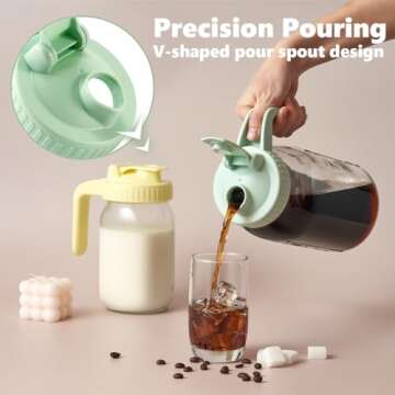 32oz Glass Pitcher with Lid & V-shaped Pour Spout - 1 Quart Breastmilk Pitcher Double Leak Proof, Cr...