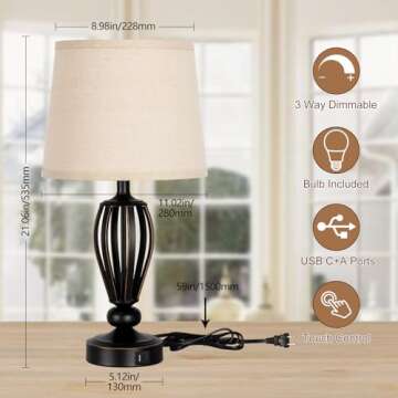 USB Bedside Lamp, 3-Way Dimmable Touch Table Lamp with USB C+A Charging Ports Industrial Table Lamp ...