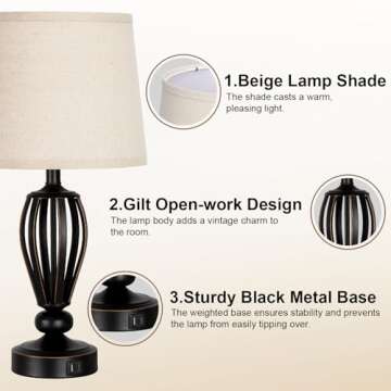 USB Bedside Lamp, 3-Way Dimmable Touch Table Lamp with USB C+A Charging Ports Industrial Table Lamp Black Metal Base Farmhouse Reading Lamp for Bedroom, Living Room, Office or Study LED Bulb Included