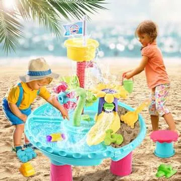 VATOS Water Table for Toddlers, 3 in 1 Kids Outdoor Water Play Table Rain Showers Splash Pond Toys, 31PCS Sensory Activity Sand Table, Outside Backyard Summer Beach Toys for Boys Girls Age 3 4 5 6