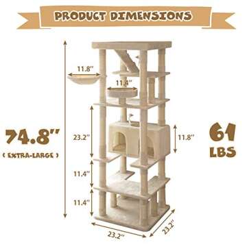MWPO 74.8 inches Large Cat Tree with Sisal-Covered Scratching Posts & Condo, Tall Cat Tower Entertainment Playground Furniture for Cats & Kittens - Multiple Colors-Beige