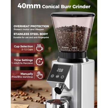 Tuni G1 Conical Burr Coffee Grinder, 48 Grind Settings Anti-static Burr Mill, Precision Electronic T...