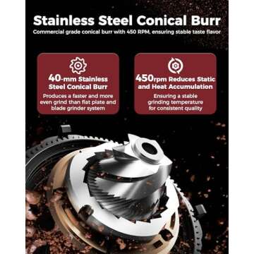 Tuni G1 Conical Burr Coffee Grinder, 48 Grind Settings Anti-static Burr Mill, Precision Electronic Timer and LED Touchscreen for Espresso/Drip/Cold Brew/French Press, Stainless Steel, Silver