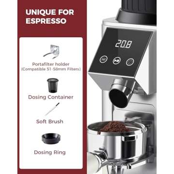 Tuni G1 Conical Burr Coffee Grinder, 48 Grind Settings Anti-static Burr Mill, Precision Electronic Timer and LED Touchscreen for Espresso/Drip/Cold Brew/French Press, Stainless Steel, Silver
