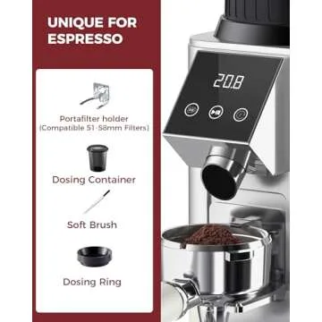Tuni G1 Conical Burr Coffee Grinder, 48 Grind Settings Anti-static Burr Mill, Precision Electronic Timer and LED Touchscreen for Espresso/Drip/Cold Brew/French Press, Stainless Steel, Silver