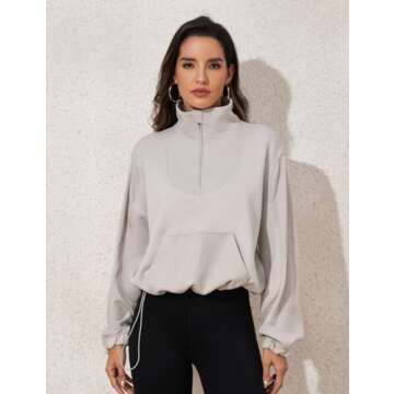 PrettyGuide Women Scuba Dupes Sweatshirt Ribbed Half Zip Stand Collar Soft Crop Pullover with Pocket Rainy Day S