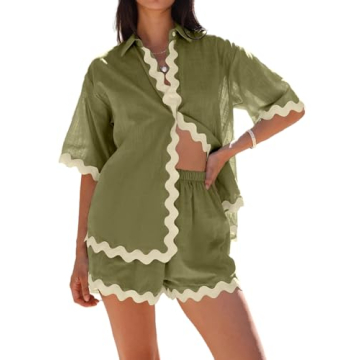 Danedvi Womens 2 Piece Outfits Beach Vacation Summer Short Sleeve Button Down Shirts and Shorts Loun...