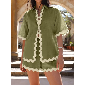 Danedvi Womens 2 Piece Outfits Beach Vacation Summer Short Sleeve Button Down Shirts and Shorts Lounge Sets