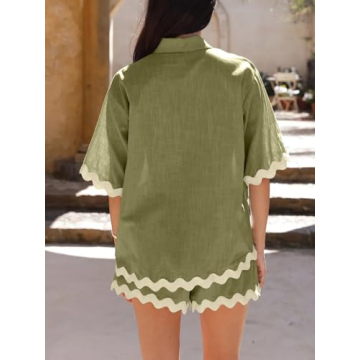 Danedvi Womens 2 Piece Outfits Beach Vacation Summer Short Sleeve Button Down Shirts and Shorts Lounge Sets