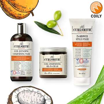 Curlsmith - Coily Wash Day Bundle, Including Curl Quenching Conditioning Wash, Curl Conditioning Oil In Cream & In-Shower Style Fixer